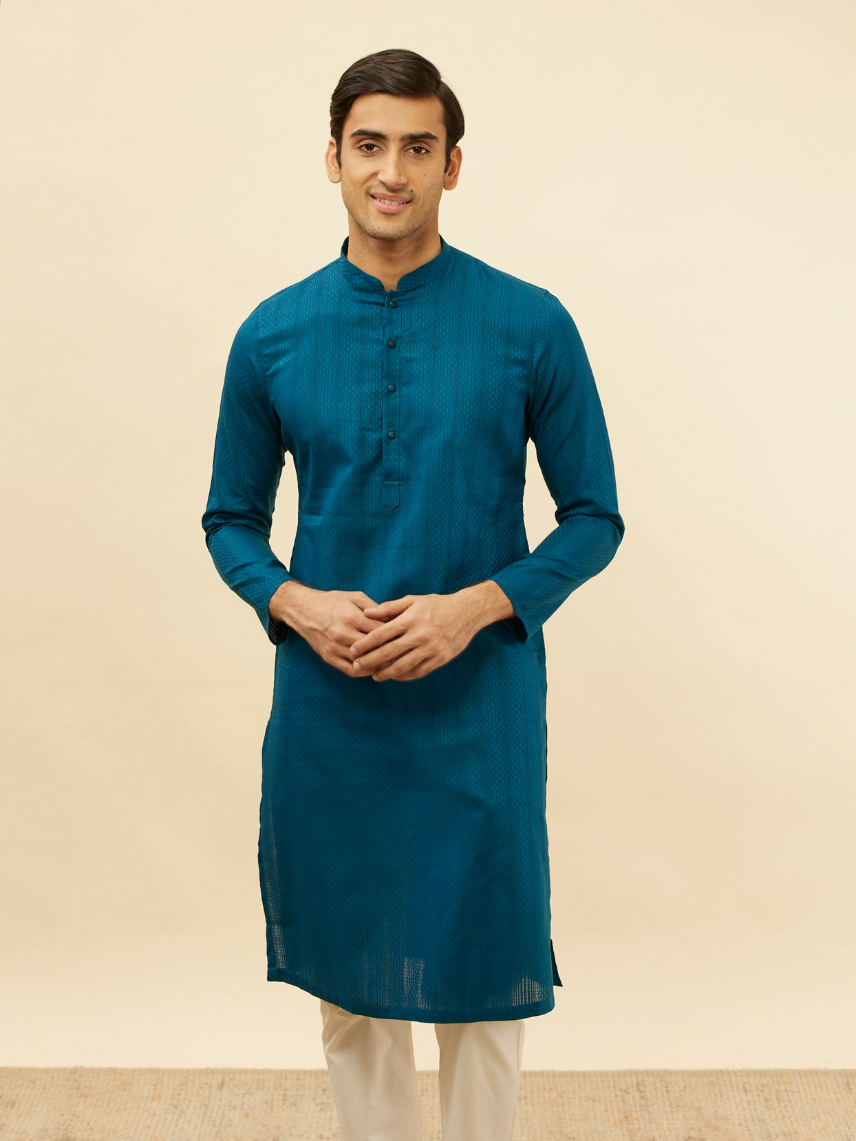 alt message - Manyavar Men Bright Blue Self Patterned Kurta Set image number 0